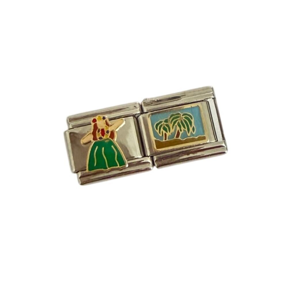 Hula Girl Palm Tree Beach Hawaii 9mm Stainless Steel Italian Charms Y2K Vintage